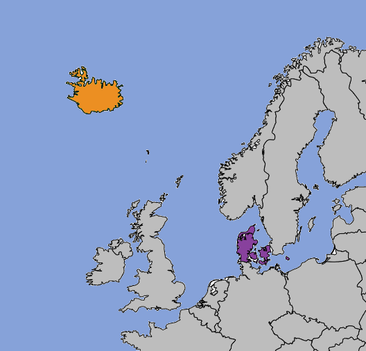 Map of Iceland and Denmark