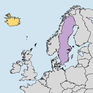 Map showing Iceland and Sweden