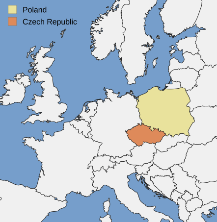 Map showing Poland and the Czech Republic