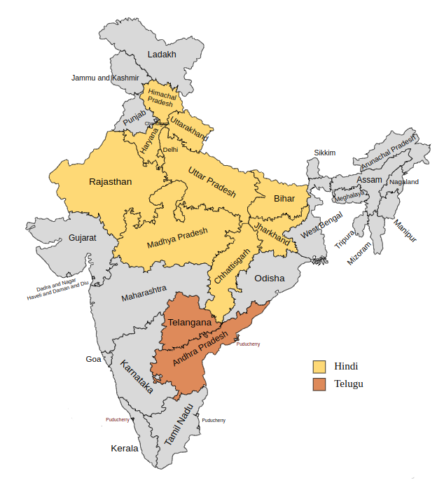 Map of Telugu and Hindi-speaking regions