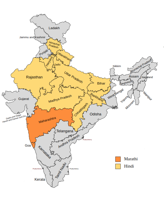 Map of Marathi and Hindi-speaking regions